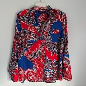 Jones New York red white & blue paisley long sleeved button down blouse